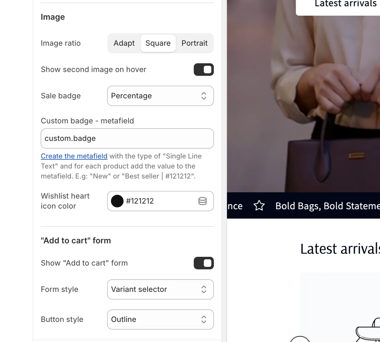 Product card settings