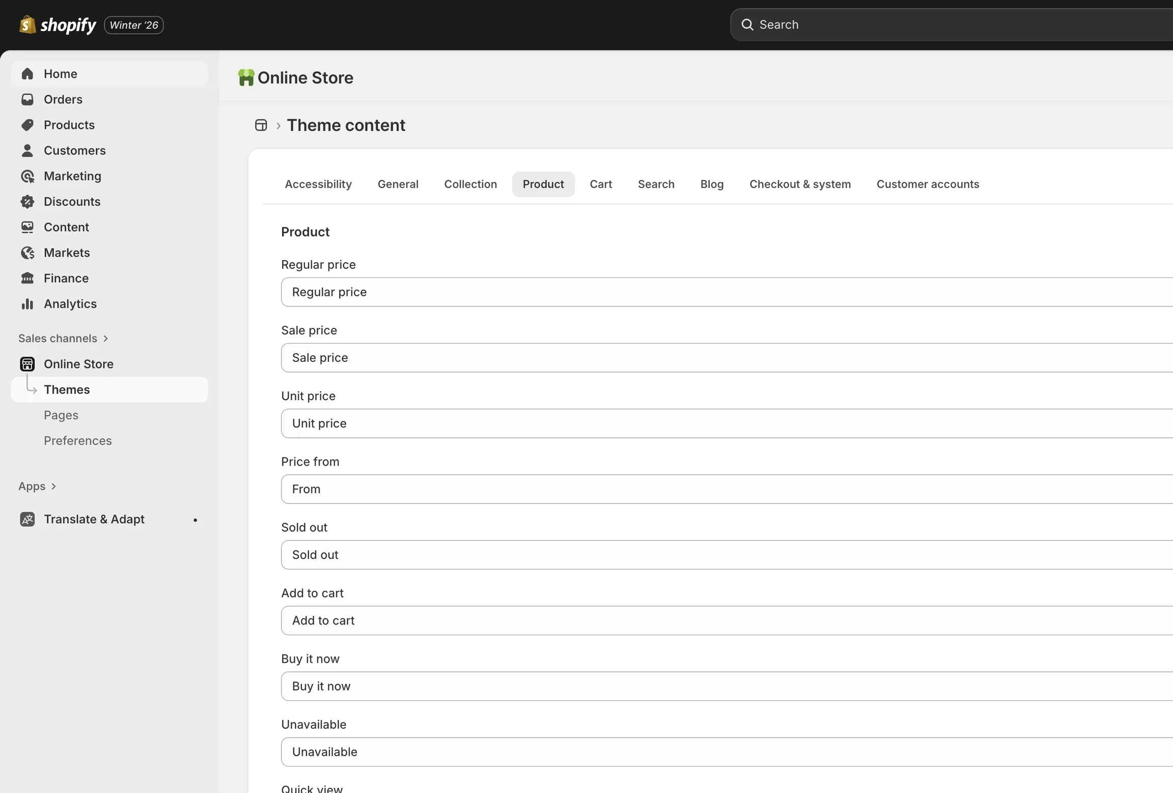 Theme translation strings