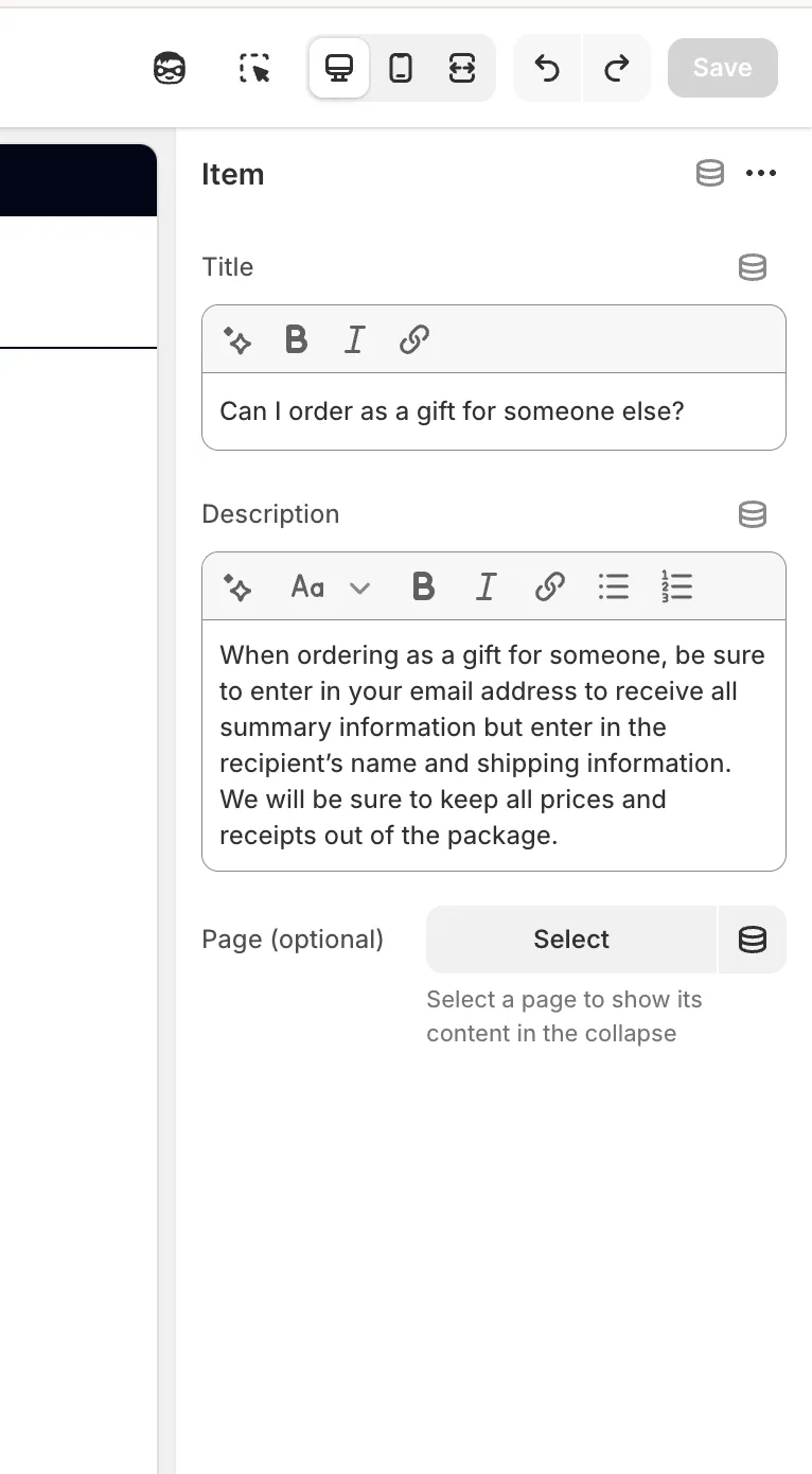 Item block - FAQ section