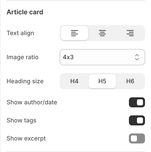 Article card settings - Featured Articles section